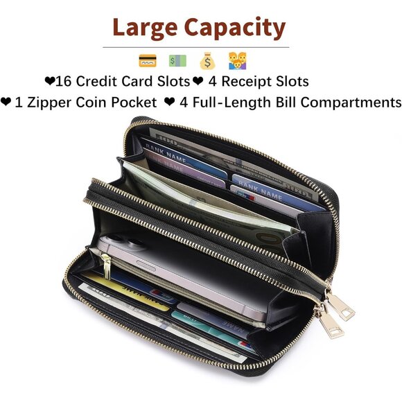 Women Black Leather Wallet Large Capacity Double Zip Ladies Card Phone Holder - Picture 2 of 9